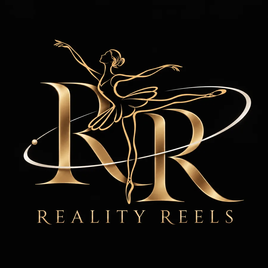 Logo Reality Reels: zlaté RR s baletkou a oběžnou dráhou